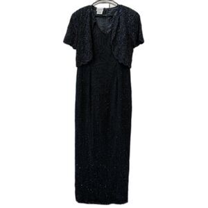 Stenay Women 10 Black Beaded Silk Formal Dress Vintage Attached Jacket Lined Zip